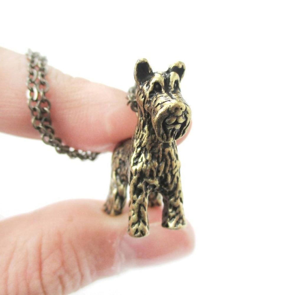 Realistic Schnauzer Puppy Dog Shaped Animal Pendant Necklace in Brass