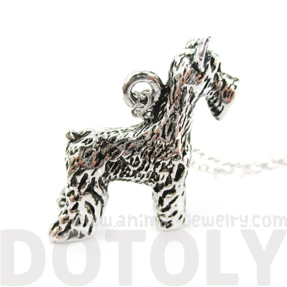 Realistic Schnauzer Dog Shaped Animal Pendant Necklace in Shiny Silver