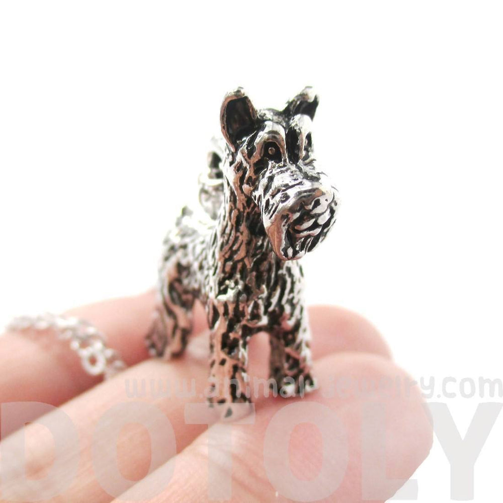 Realistic Schnauzer Dog Shaped Animal Pendant Necklace in Shiny Silver