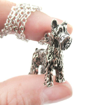 Realistic Schnauzer Dog Shaped Animal Pendant Necklace in Shiny Silver