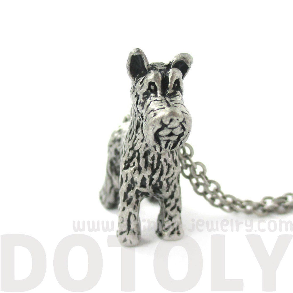 Realistic Schnauzer Puppy Dog Shaped Animal Pendant Necklace in Silver