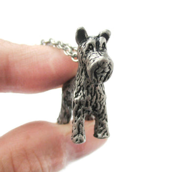 Realistic Schnauzer Puppy Dog Shaped Animal Pendant Necklace in Silver