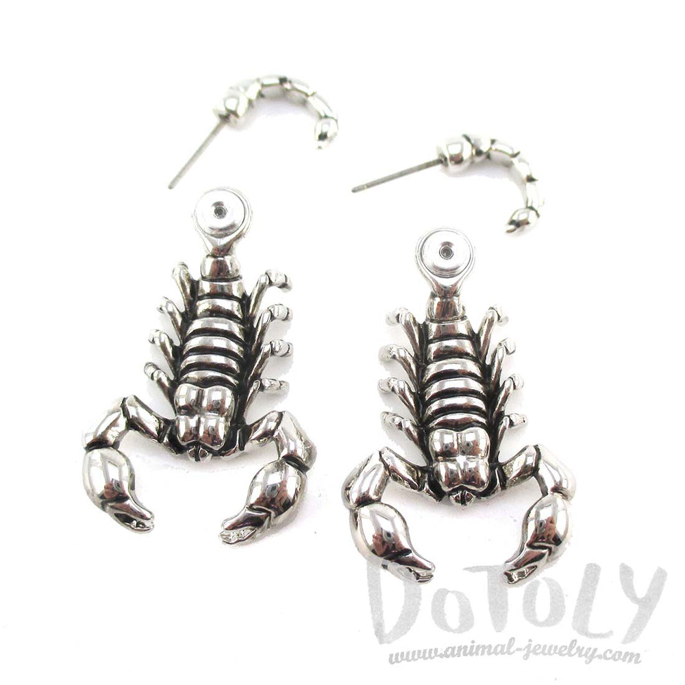 Scorpion Insect Shaped Front and Back Stud Earrings in Shiny Silver