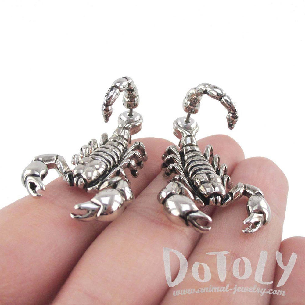 Scorpion Insect Shaped Front and Back Stud Earrings in Shiny Silver