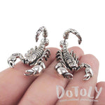 Scorpion Insect Shaped Front and Back Stud Earrings in Shiny Silver