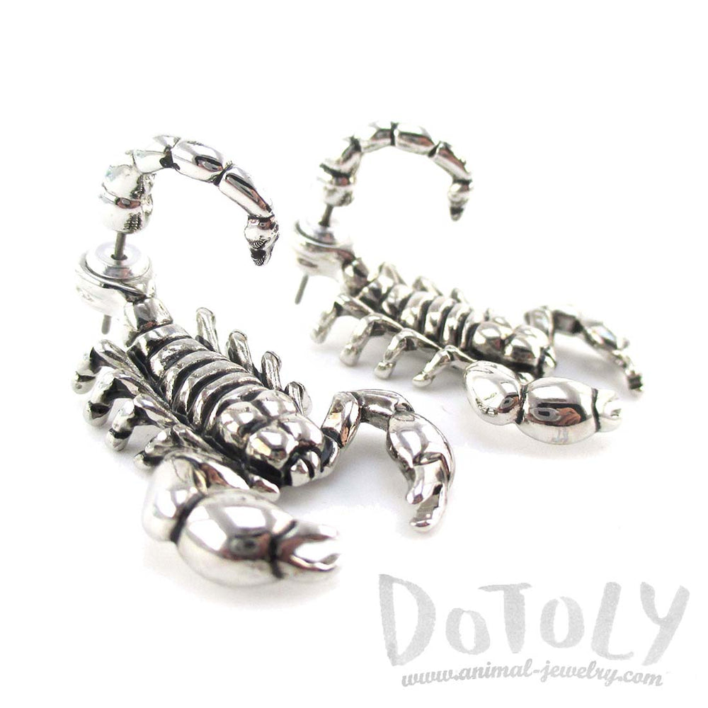 Scorpion Insect Shaped Front and Back Stud Earrings in Shiny Silver