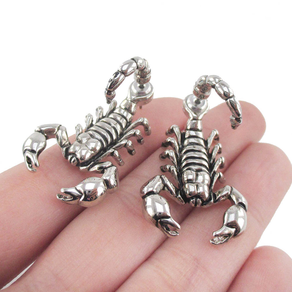 Scorpion Insect Shaped Front and Back Stud Earrings in Shiny Silver