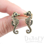 Realistic Seahorse Shaped Rhinestone Earrings in Brass