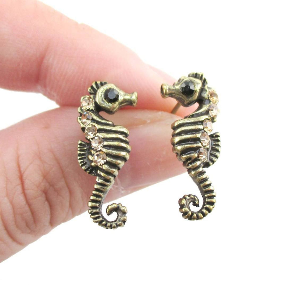 Realistic Seahorse Shaped Rhinestone Earrings in Brass