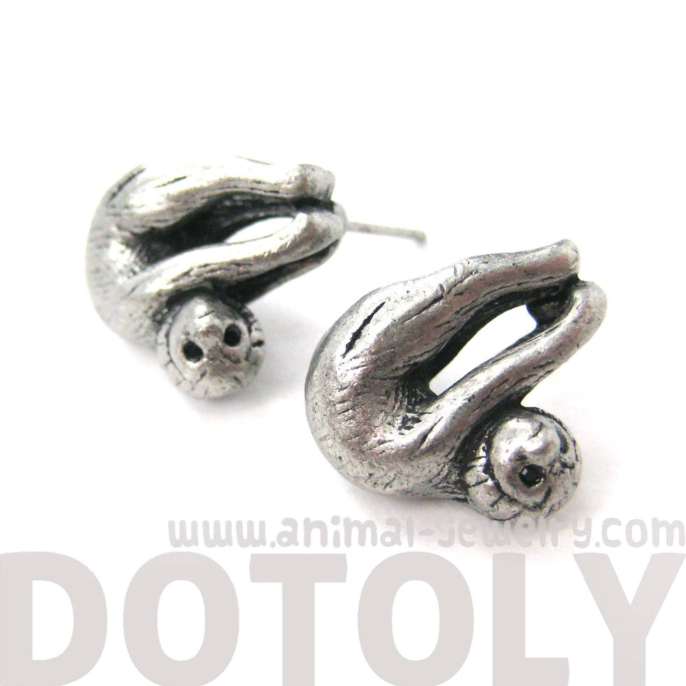 Realistic Sloth Shaped Animal Stud Earrings in Silver | Animal Jewelry