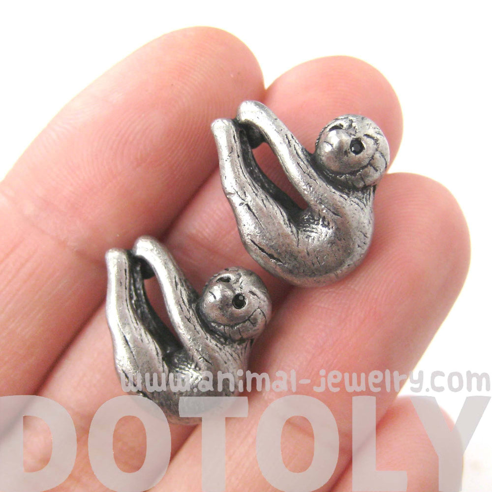 Realistic Sloth Shaped Animal Stud Earrings in Silver | Animal Jewelry