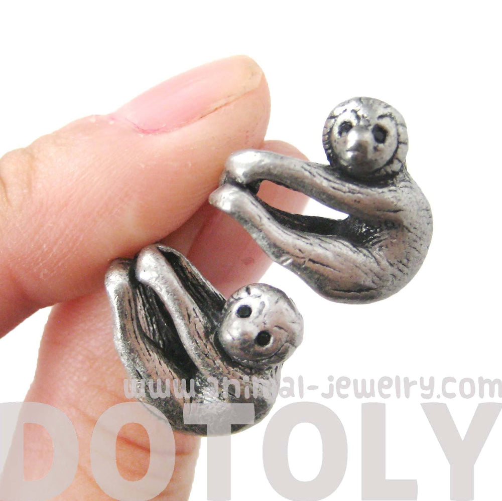 Realistic Sloth Shaped Animal Stud Earrings in Silver | Animal Jewelry