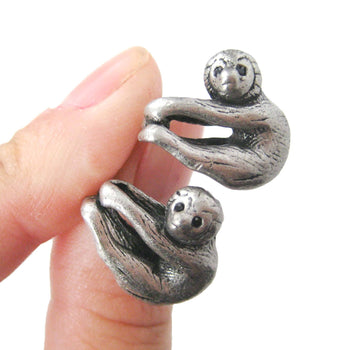 Realistic Sloth Shaped Animal Stud Earrings in Silver | Animal Jewelry