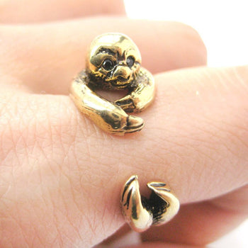 Realistic Sloth Shaped Animal Wrap Around Hug Ring in Shiny Gold