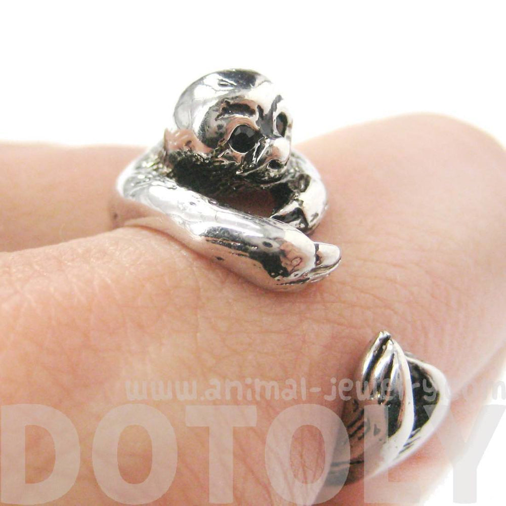 Realistic Sloth Shaped Animal Wrap Around Hug Ring in Shiny Silver