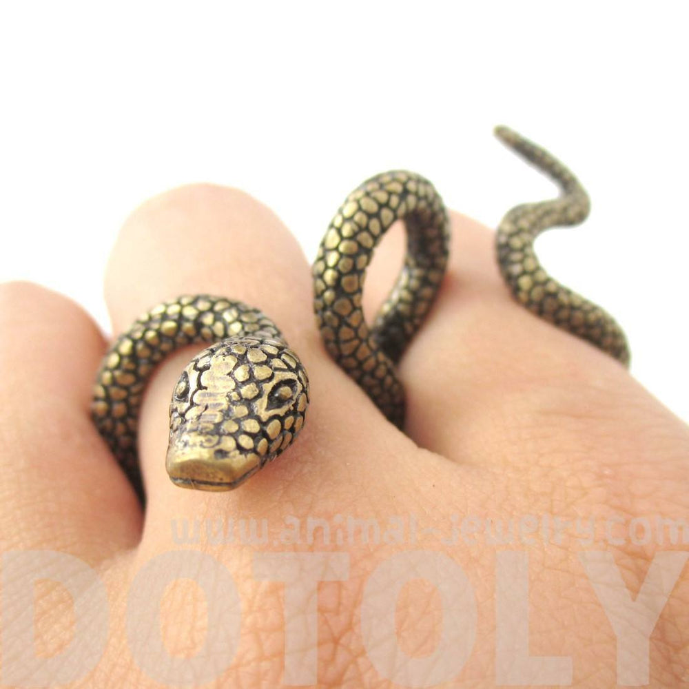 Realistic Snake Shaped Double Duo Finger Adjustable Ring in Brass