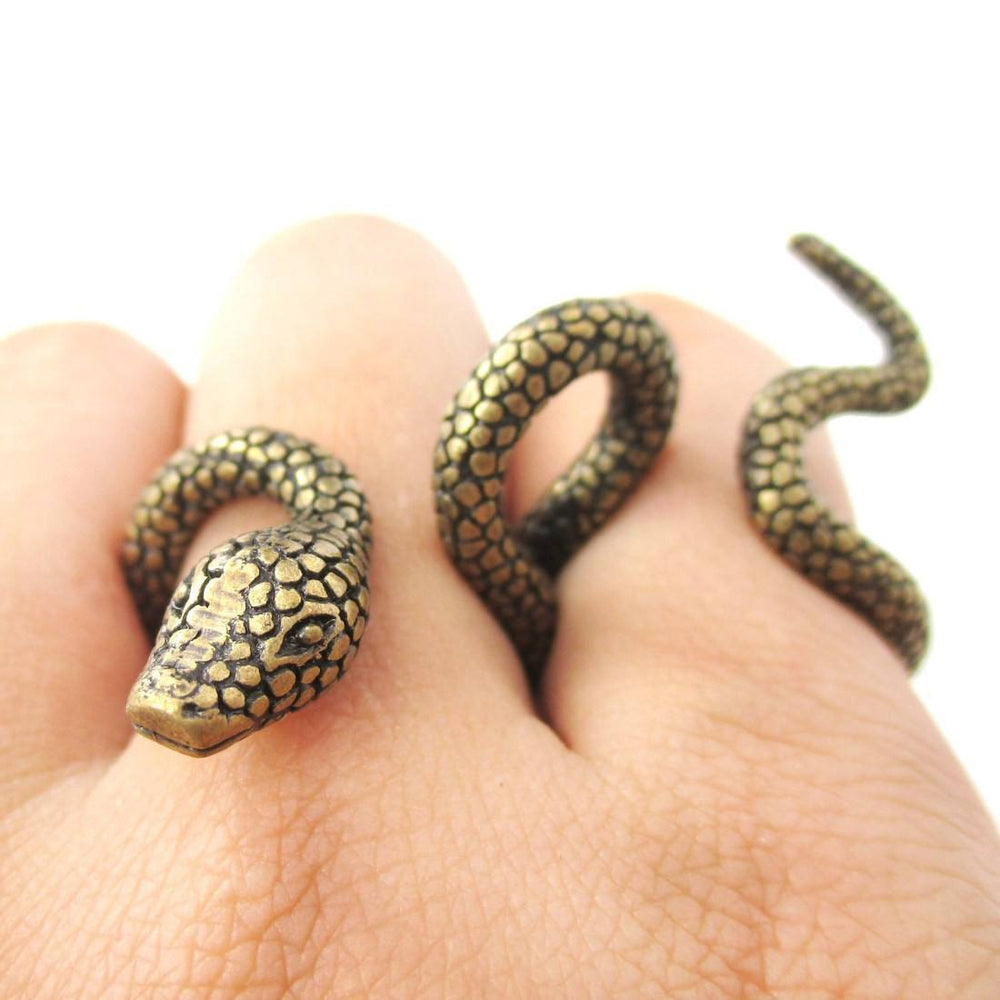 Realistic Snake Shaped Double Duo Finger Adjustable Ring in Brass