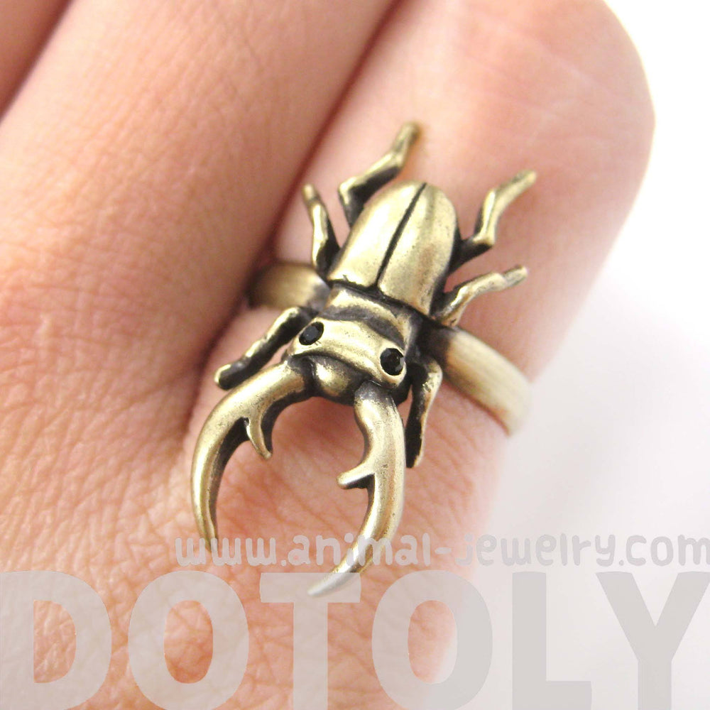 Realistic Stag Beetle Insect Bug Adjustable Animal Ring in Brass