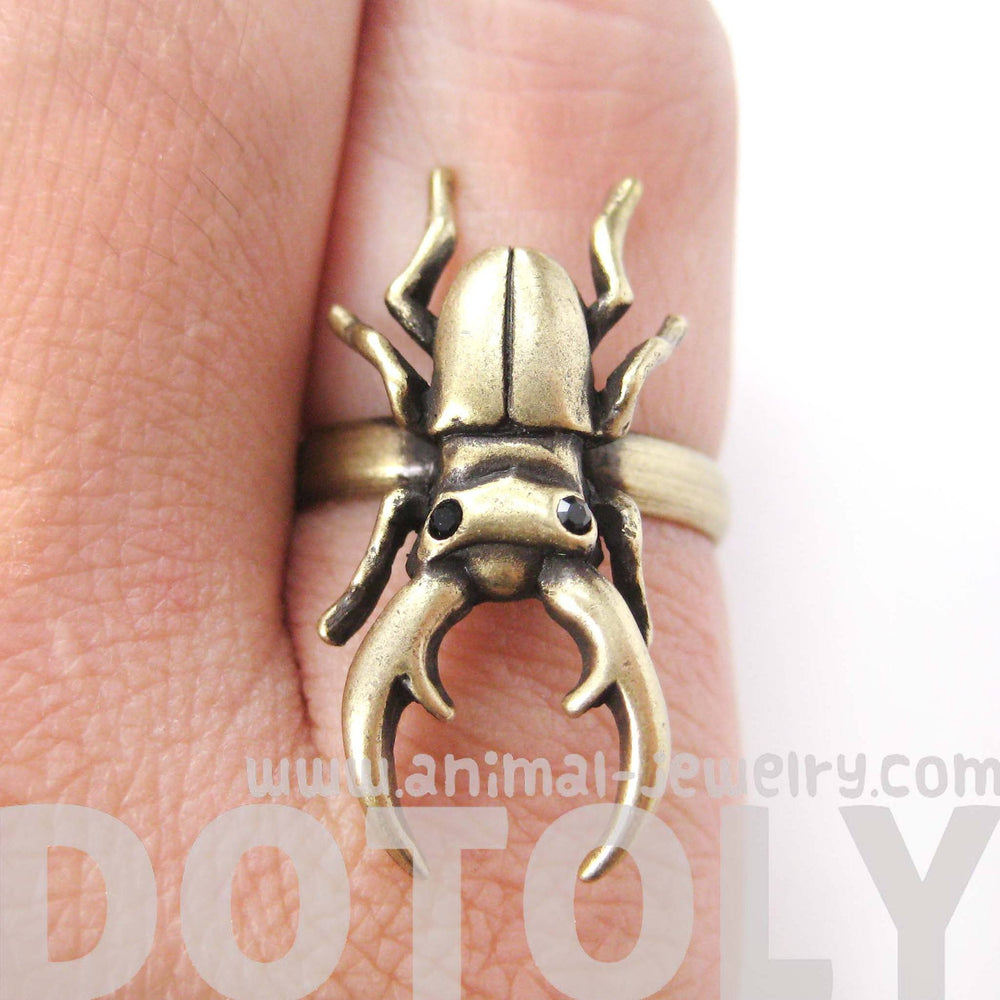 Realistic Stag Beetle Insect Bug Adjustable Animal Ring in Brass