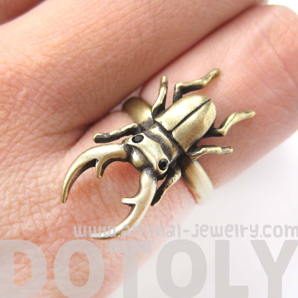 Realistic Stag Beetle Insect Bug Adjustable Animal Ring in Brass