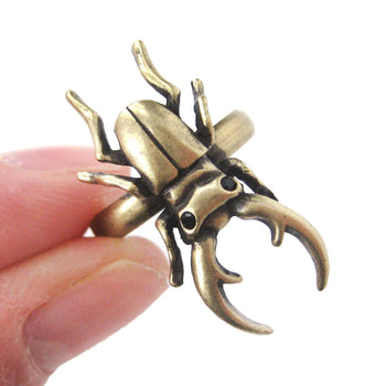 Realistic Stag Beetle Insect Bug Adjustable Animal Ring in Brass