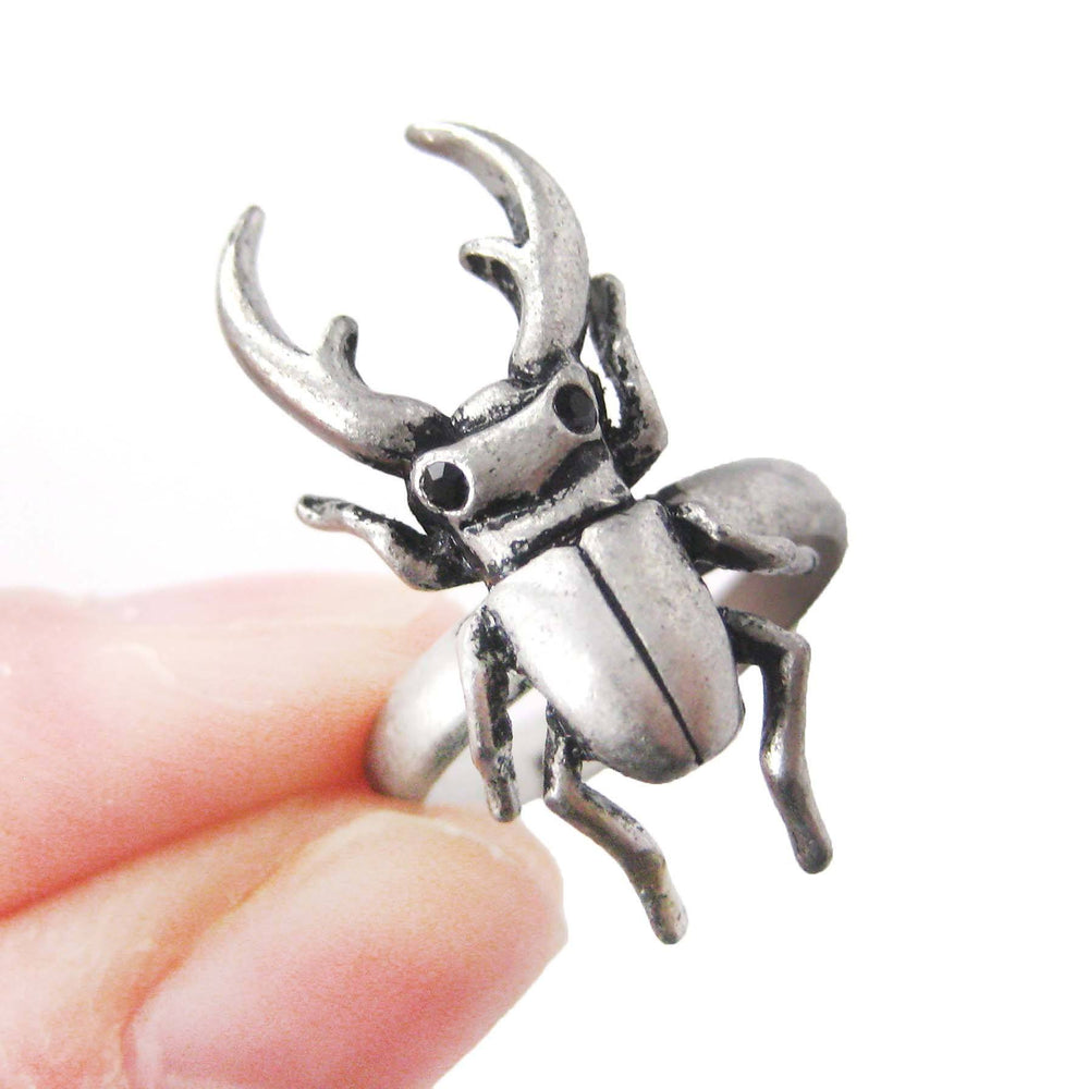 Adjustable Horned Stag Beetle Insect Animal Ring in Silver | DOTOLY