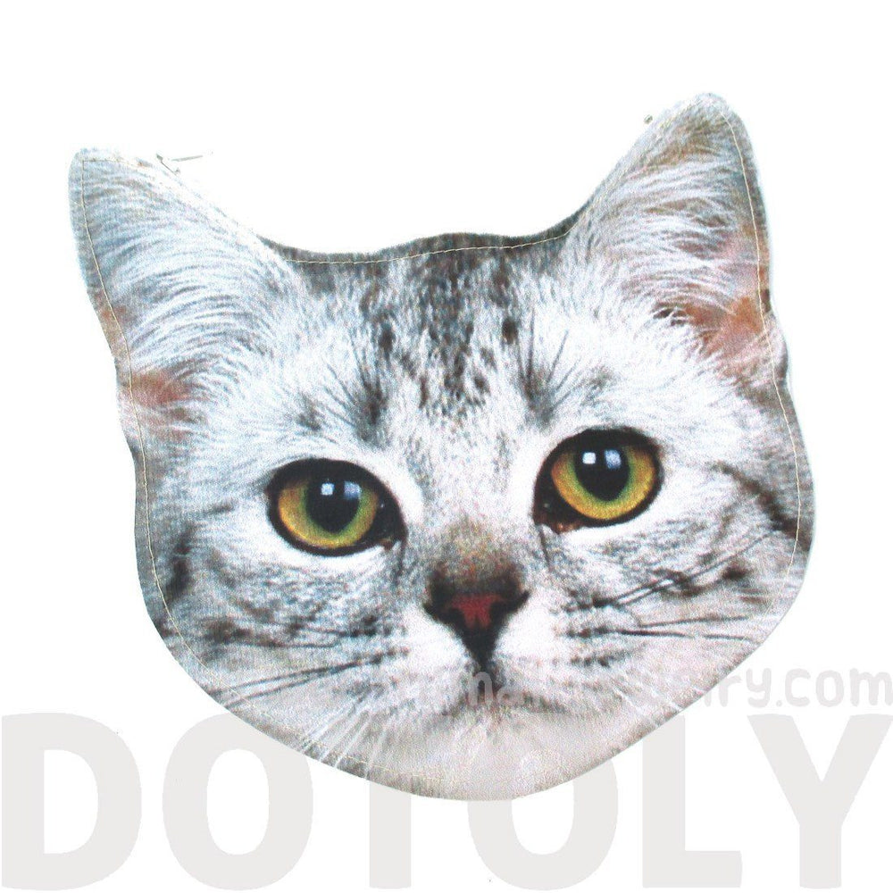 Tabby Kitty Cat Head Shaped Vinyl Animal Photo Print Clutch Bag