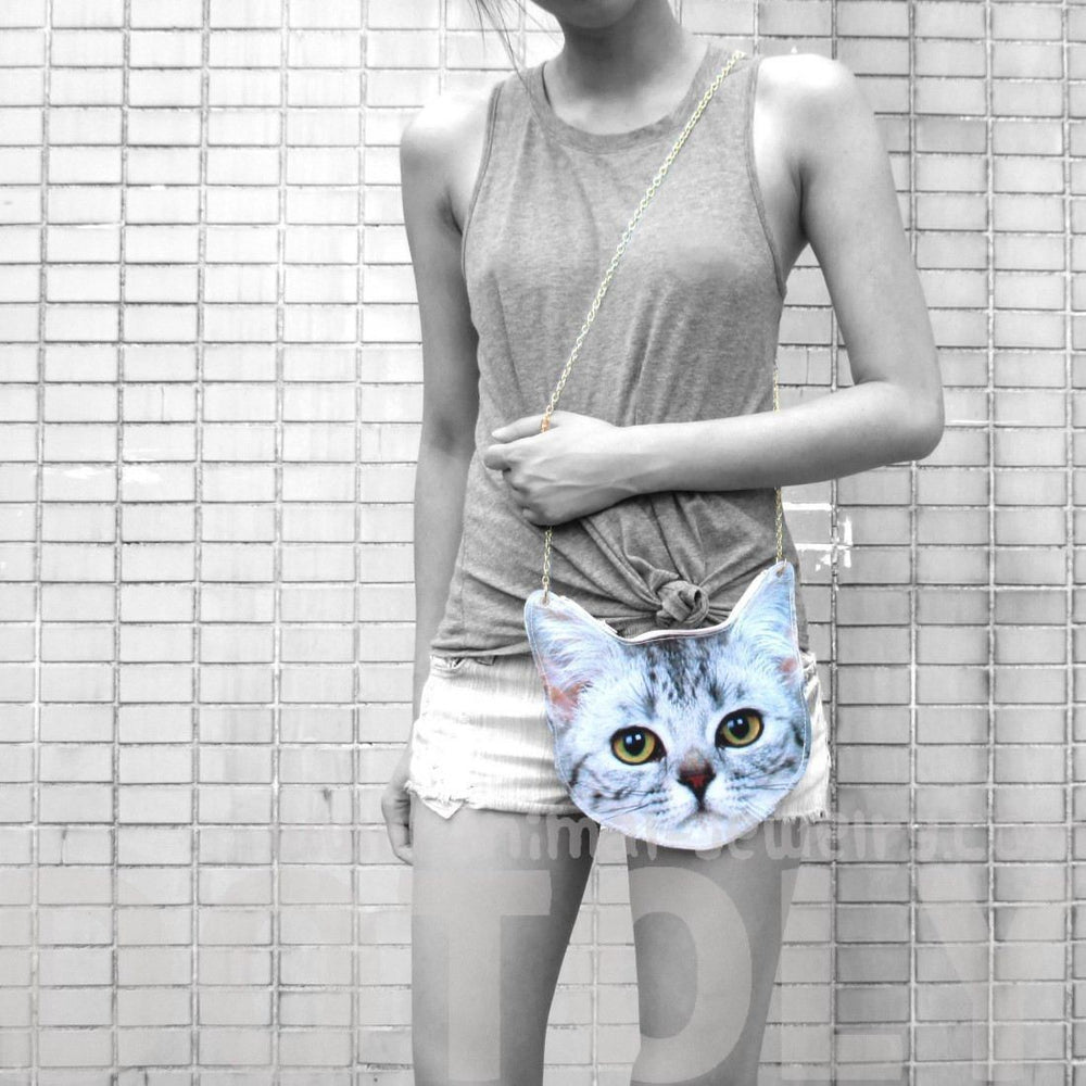 Tabby Kitty Cat Head Shaped Vinyl xBody Shoulder Bag for Cat Lovers