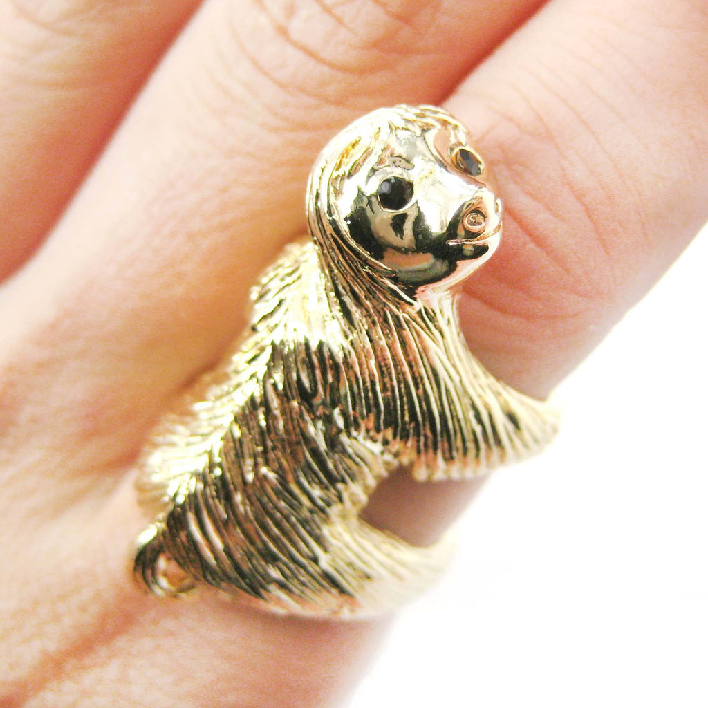 Realistic Three Toed Sloth Shaped Animal Wrap Ring in Shiny Gold DOTOLY