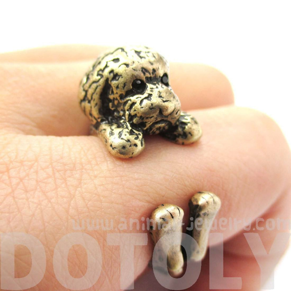 Realistic Toy Poodle Puppy Dog Shape Animal Wrap Around Ring in Brass