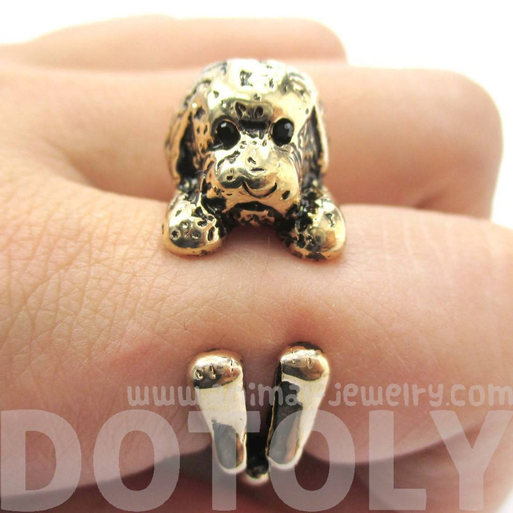 Realistic Toy Poodle Puppy Dog Shape Animal Wrap Ring in Shiny Gold