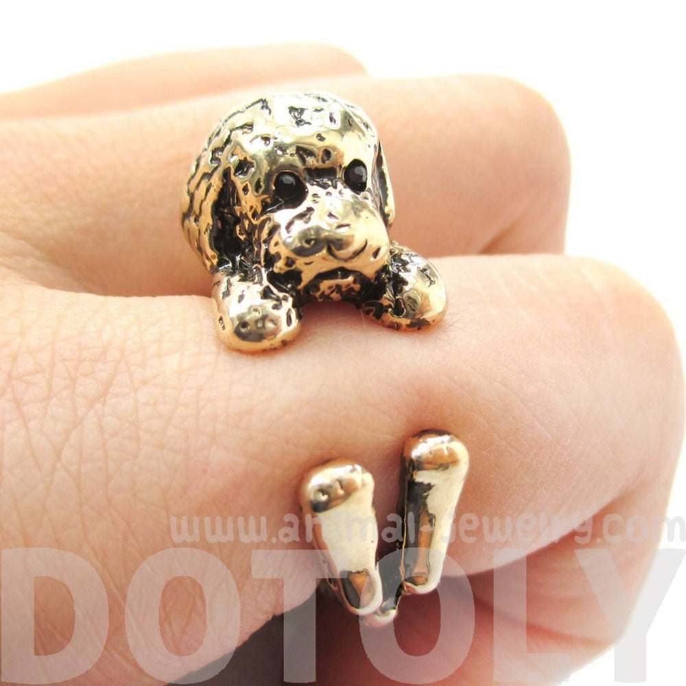 Realistic Toy Poodle Puppy Dog Shape Animal Wrap Ring in Shiny Gold
