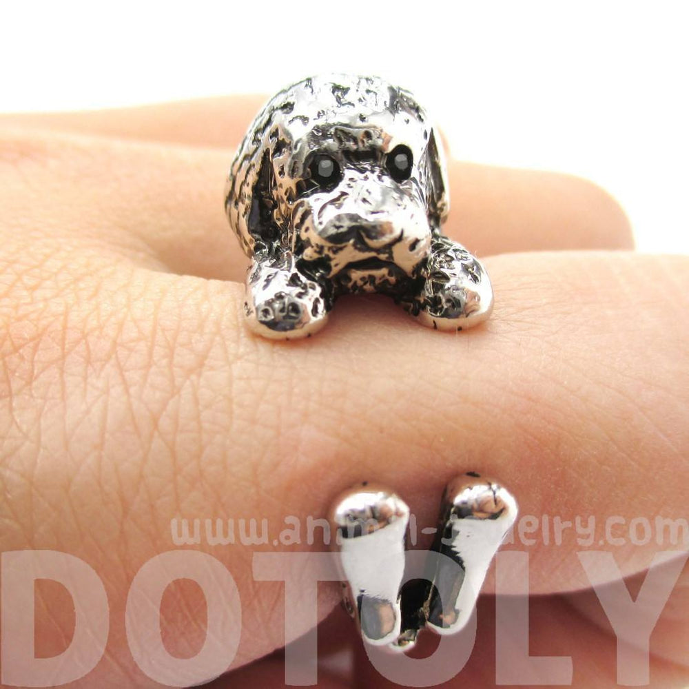 Realistic Toy Poodle Puppy Dog Shape Animal Wrap Ring in Shiny Silver DOTOLY