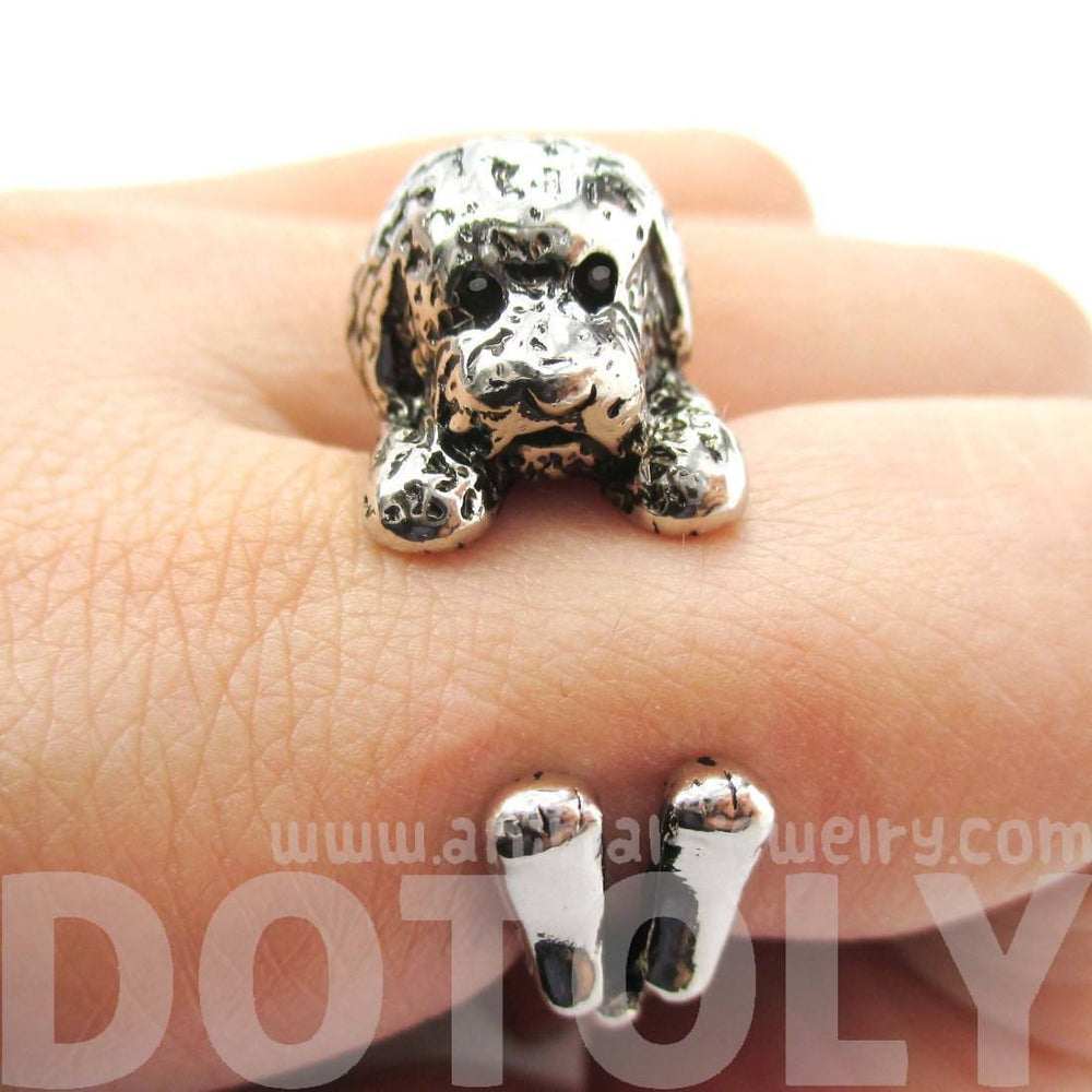 Realistic Toy Poodle Puppy Dog Shape Animal Wrap Ring in Shiny Silver DOTOLY