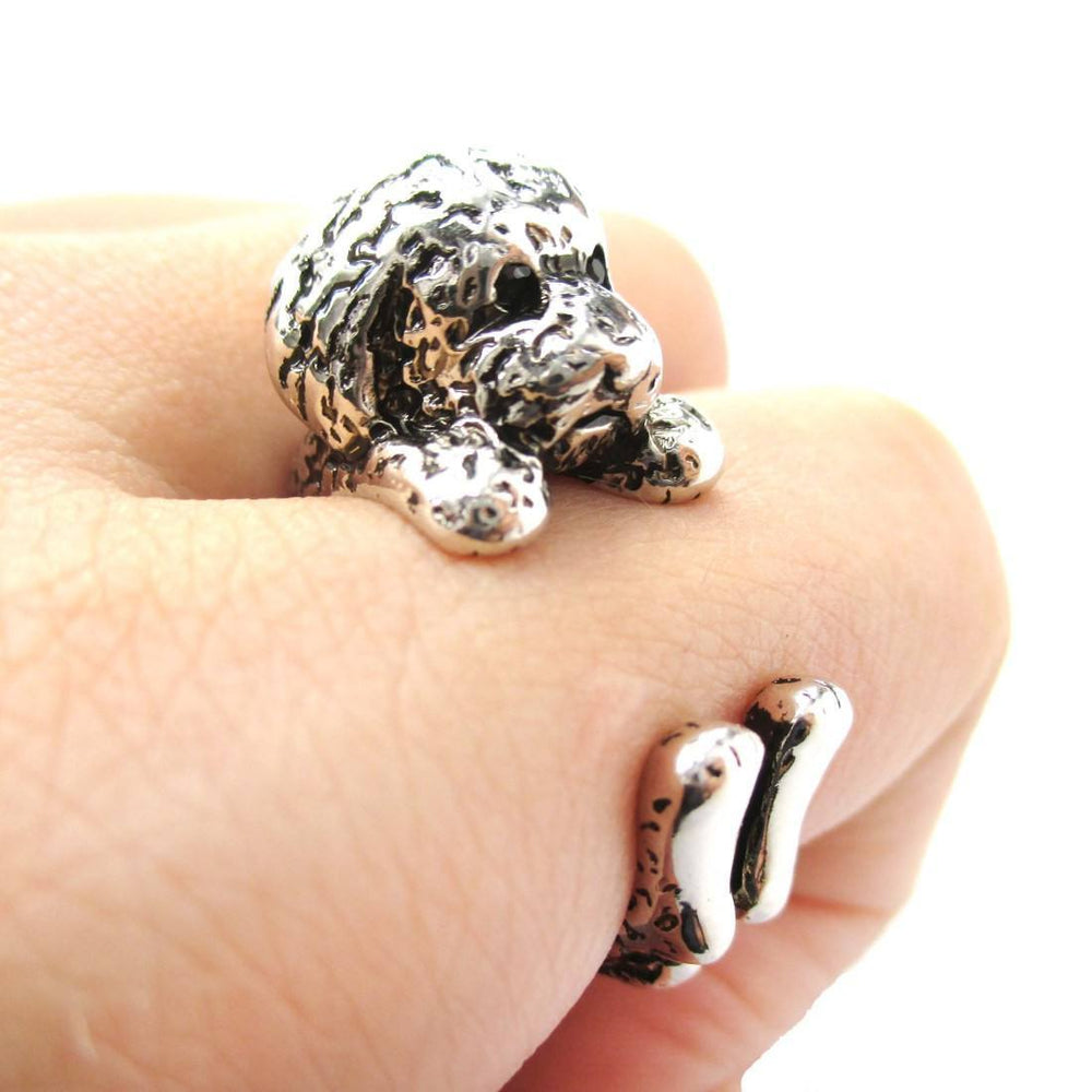 Realistic Toy Poodle Puppy Dog Shape Animal Wrap Ring in Shiny Silver