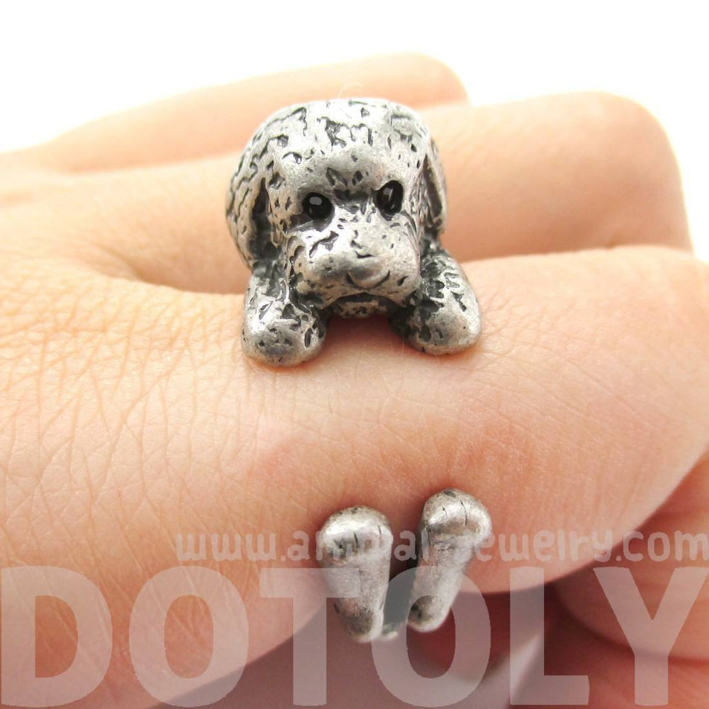 Realistic Toy Poodle Puppy Dog Shape Animal Wrap Around Ring in Silver