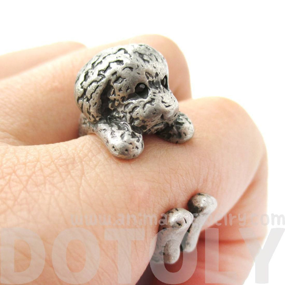 Realistic Toy Poodle Puppy Dog Shape Animal Wrap Around Ring in Silver