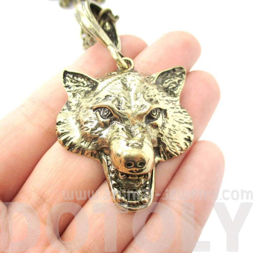 Realistic Wolf Face Shaped Animal Pendant Necklace in Brass | DOTOLY