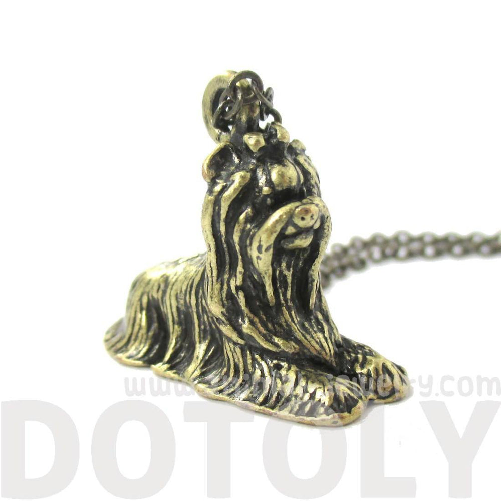 Realistic Yorkshire Terrier Puppy Dog Shaped Pendant Necklace in Brass