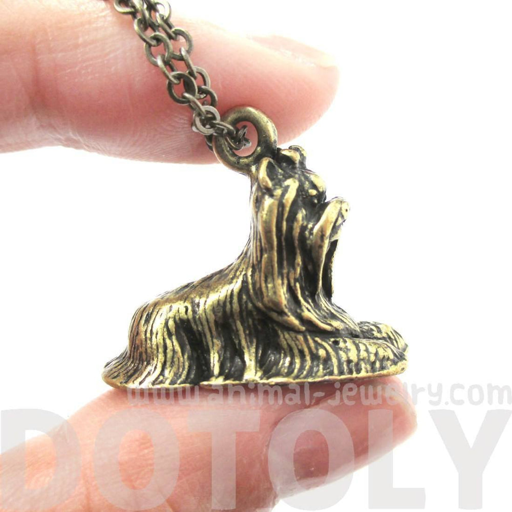 Realistic Yorkshire Terrier Puppy Dog Shaped Pendant Necklace in Brass