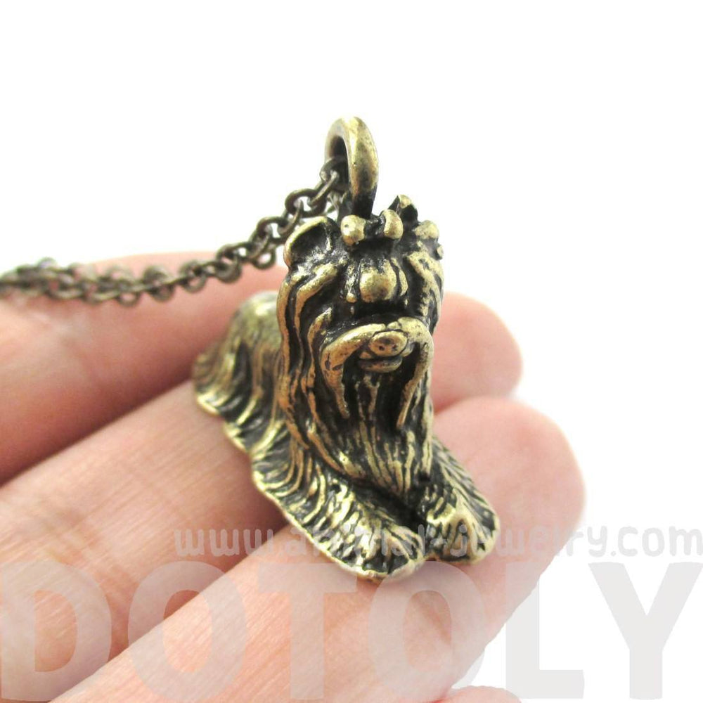 Realistic Yorkshire Terrier Puppy Dog Shaped Pendant Necklace in Brass