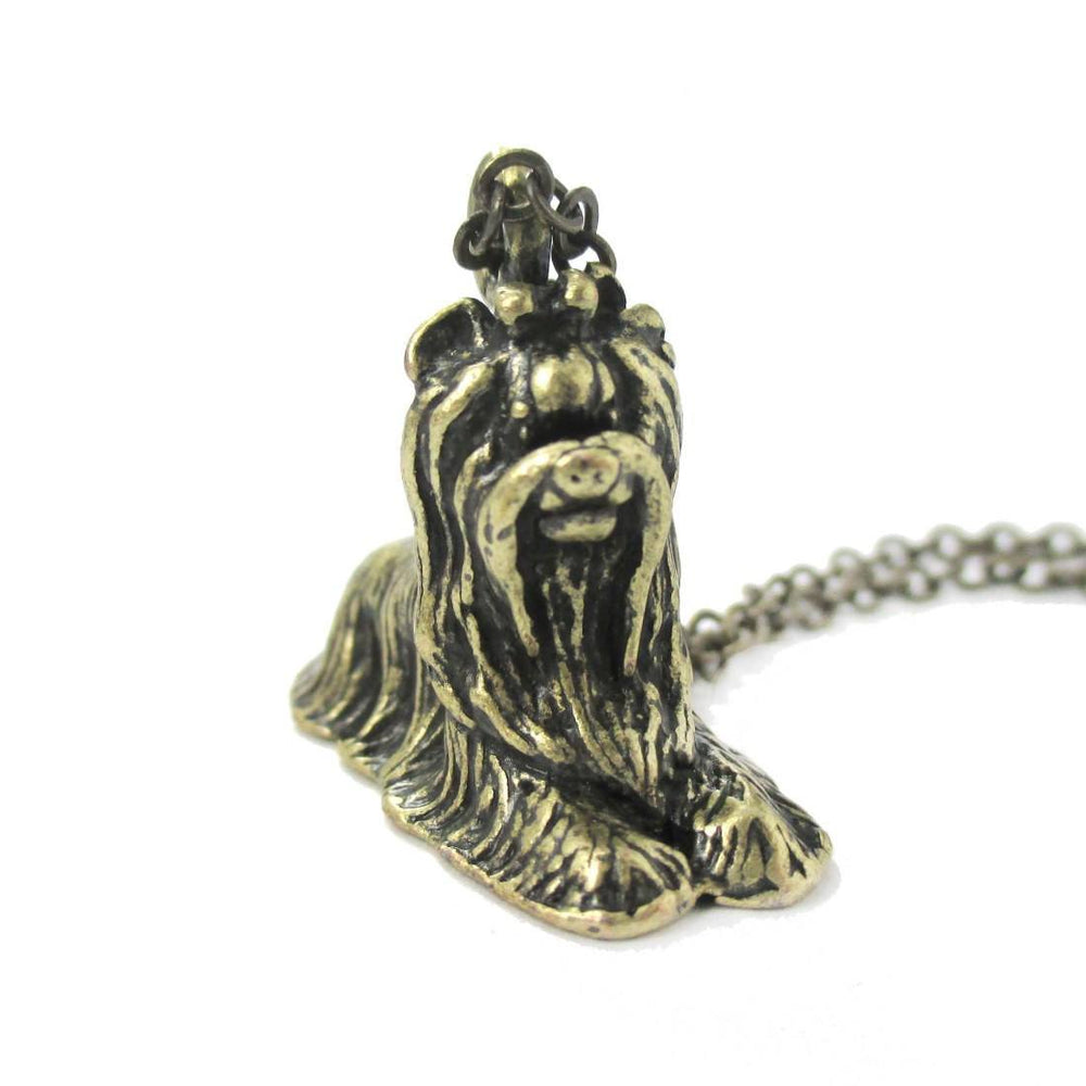 Realistic Yorkshire Terrier Puppy Dog Shaped Pendant Necklace in Brass