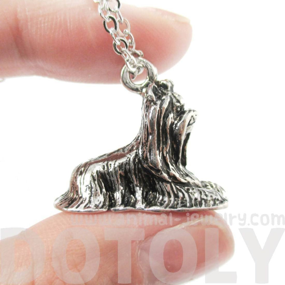 Yorkshire Terrier Puppy Dog Shaped Pendant Necklace in Shiny Silver