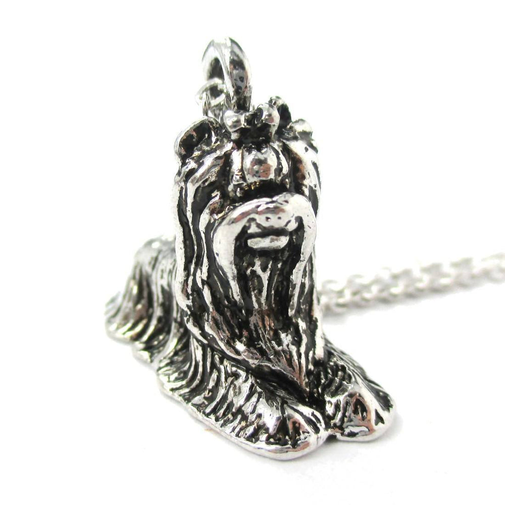 Yorkshire Terrier Puppy Dog Shaped Pendant Necklace in Shiny Silver