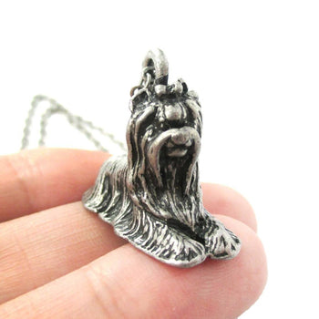Yorkshire Terrier Puppy Dog Shaped Animal Pendant Necklace in Silver