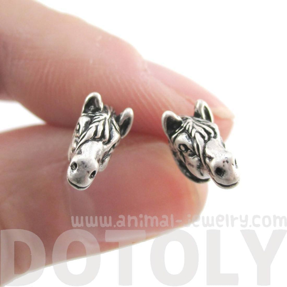 Realistic Zebra Face Shaped Stud Earrings in Silver