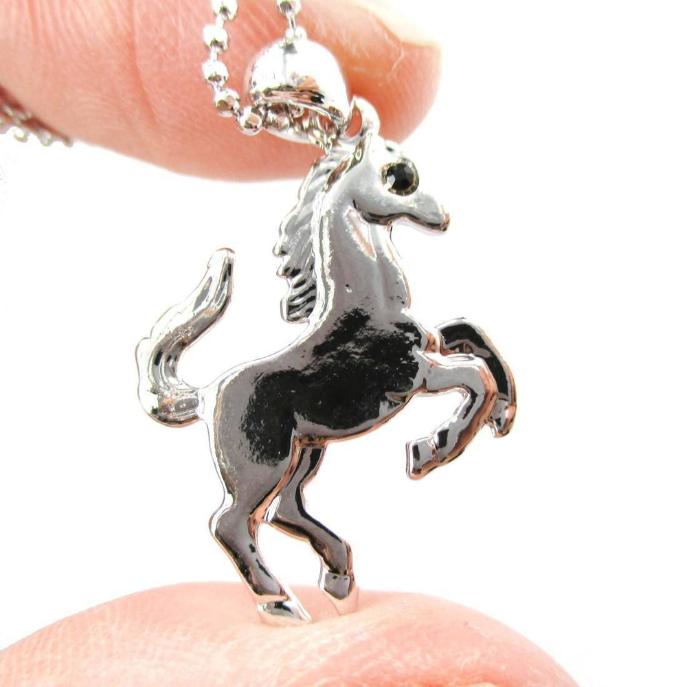 Rearing Horse on Hind Legs Pendant Necklace in Silver