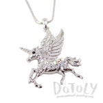 Rearing Unicorn with Wings Pendant Necklace in Silver with Rhinestones