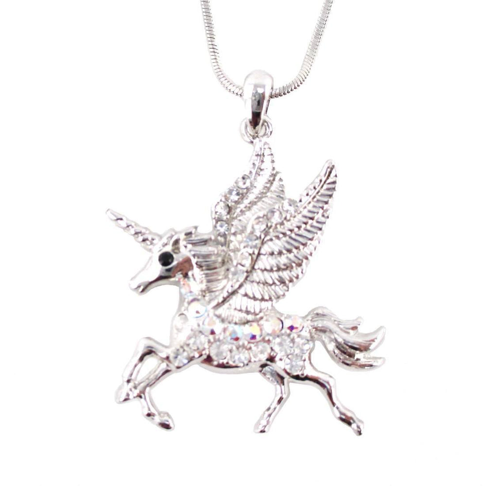 Rearing Unicorn with Wings Pendant Necklace in Silver with Rhinestones
