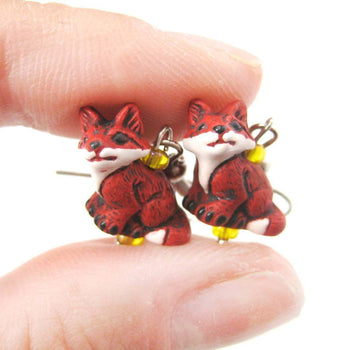 Tiny Fox Shaped Porcelain Ceramic Animal Dangle Earrings | Handmade